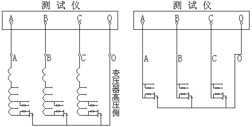 變壓器有載開關(guān)測(cè)試儀帶線圈測(cè)量接線圖及吊芯測(cè)量接線圖