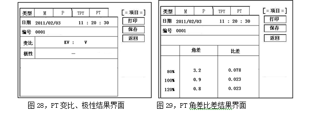 變頻互感器綜合測(cè)試儀PT變比、極性結(jié)果及PT角差比結(jié)果界面