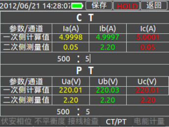三相用電檢查儀CT/PT一次側(cè)電流、電壓值界面